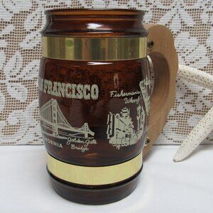 Siesta Ware Amber SAN FRANCISCO Souvenir MUG Glass Wooden Handle Vintage Bridge